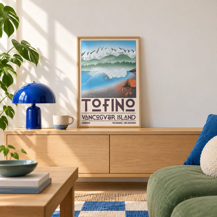 Tofino Landscape Art Print shown in the small A4 size on a styled console (frame not included)