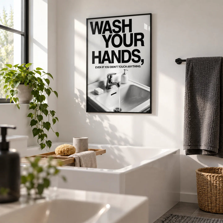 Toilet Wall Art Funny, framed on the wall of a bright family bathroom with plain white walls