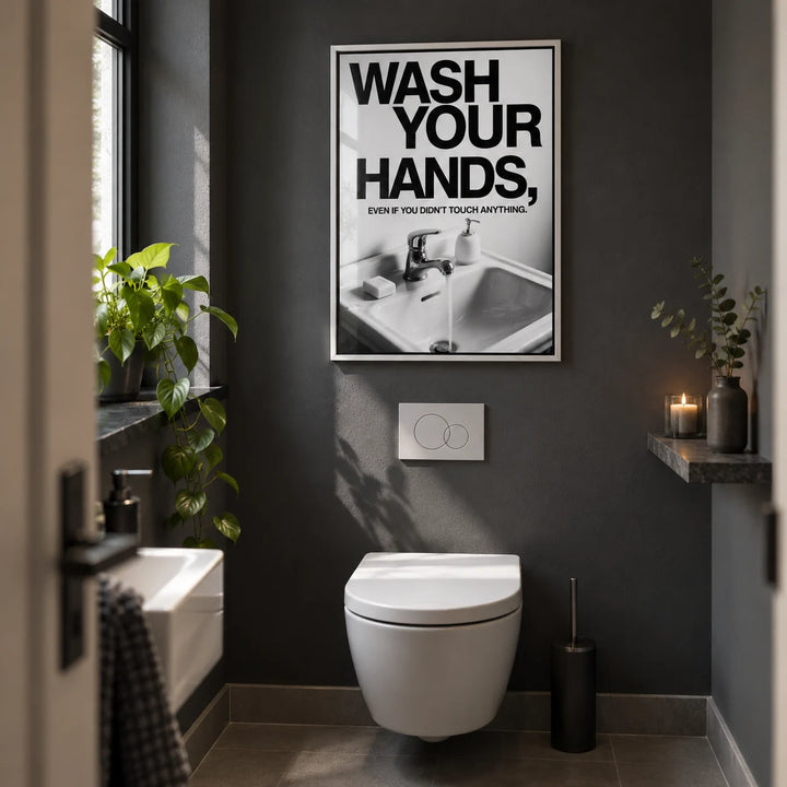 Toilet Wall Art Funny, framed on the wall of a guest WC in a city flat with a plain charcoal wall