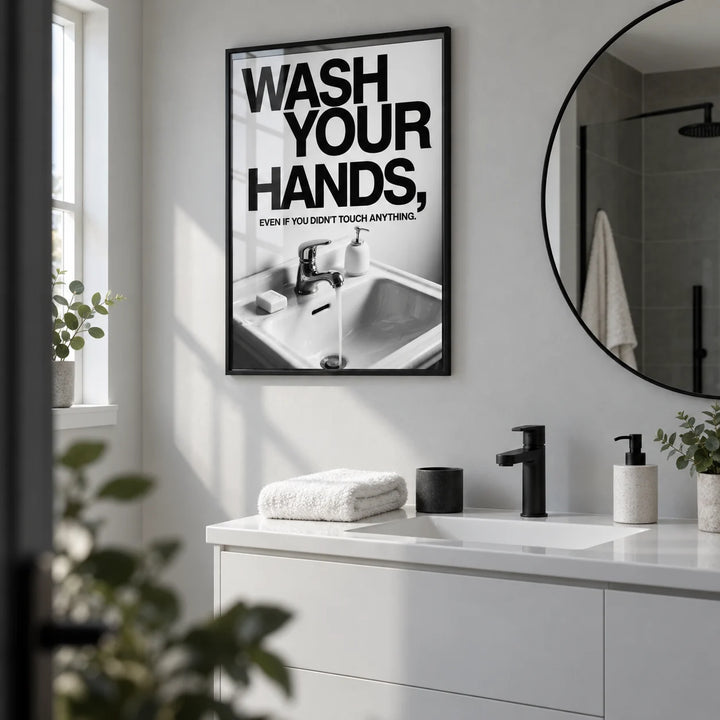 Toilet Wall Art Funny, framed on the wall of a modern en-suite shower room with plain light grey walls