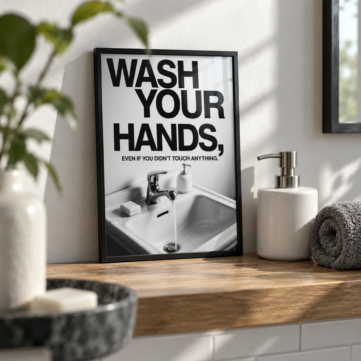 Toilet Wall Art Funny, a small A4 framed print leaning on a bathroom shelf