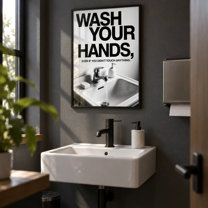 Toilet Wall Art Funny, framed on the wall of a small modern cafe customer washroom with a plain dark grey wall