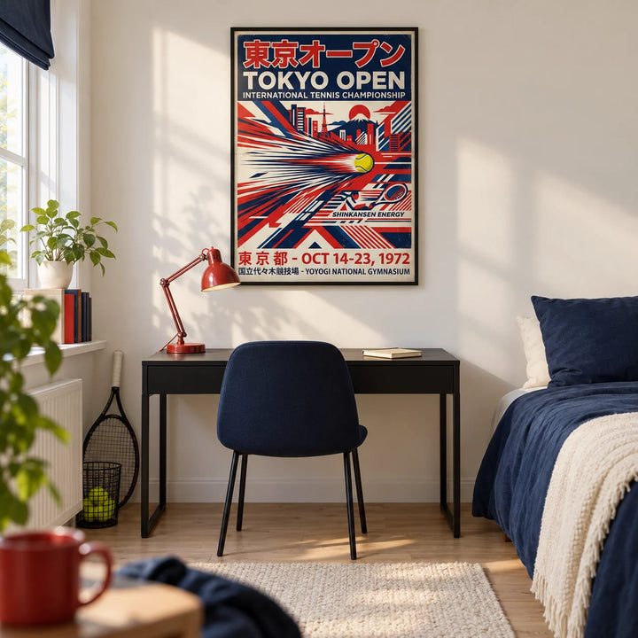 Tokyo Open Tennis Print, framed on the wall of a crisp teenage tennis fan's single bedroom (16-17) in a UK family home