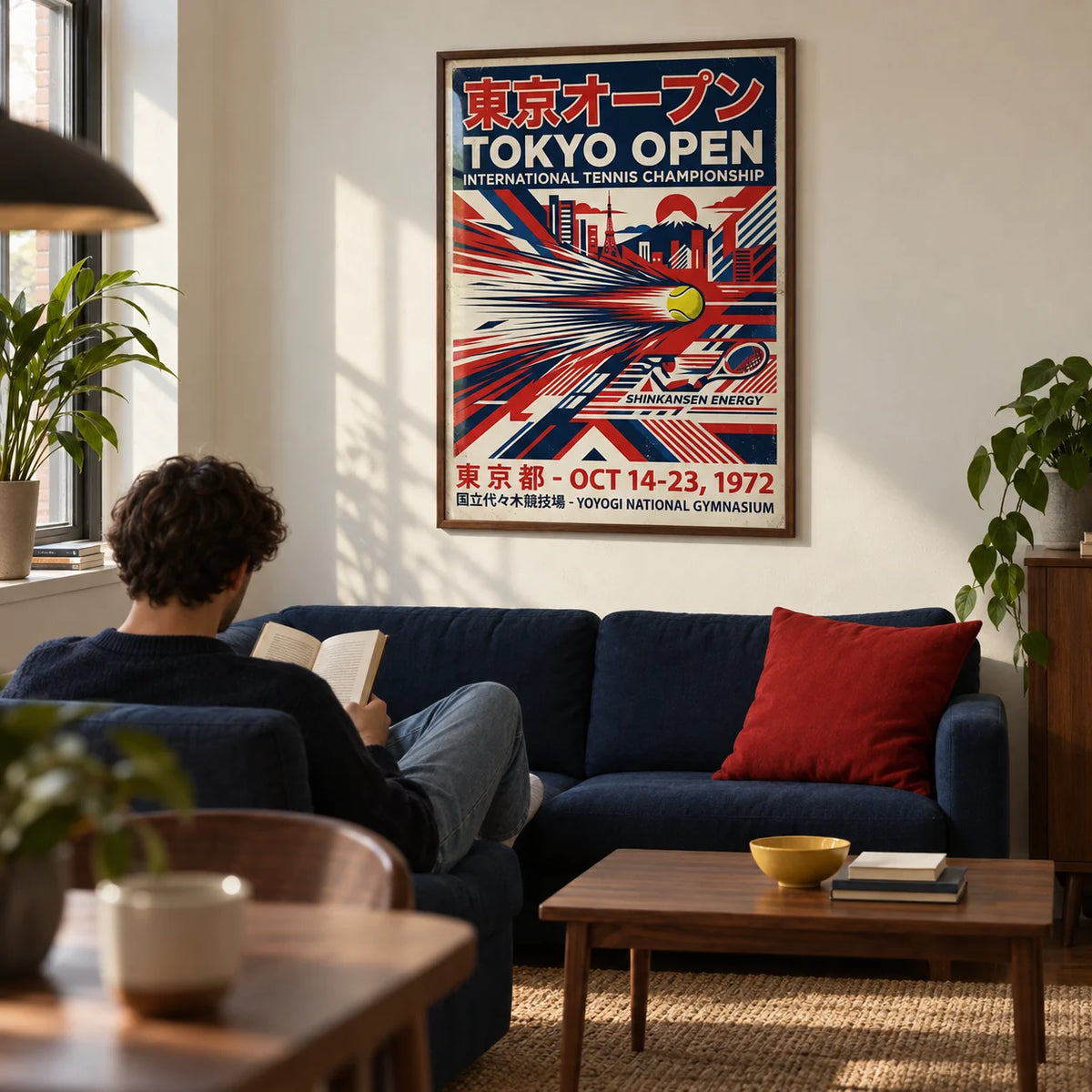 Tokyo Open Tennis Print, framed on the wall of a modern living room in a tennis enthusiast's first UK flat (22-28)