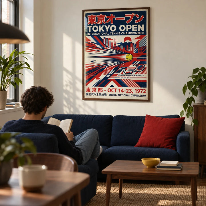 Tokyo Open Tennis Print, framed on the wall of a modern living room in a tennis enthusiast's first UK flat (22-28)
