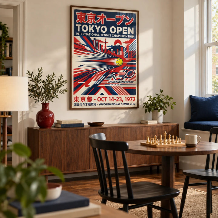 Tokyo Open Tennis Print, framed on the wall of a modern tennis fan's games snug in a British maisonette in a living room
