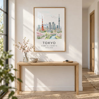 Tokyo Skyline Art Print, framed on the wall of a bright hallway with a white wall