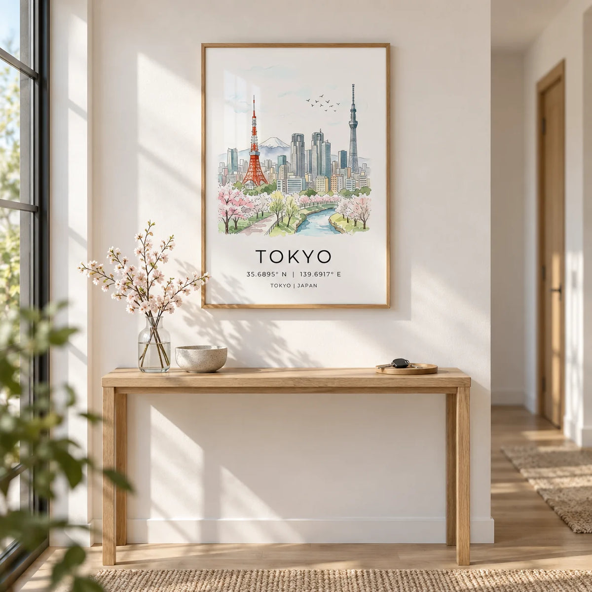 Tokyo Skyline Art Print, framed on the wall of a bright hallway with a white wall