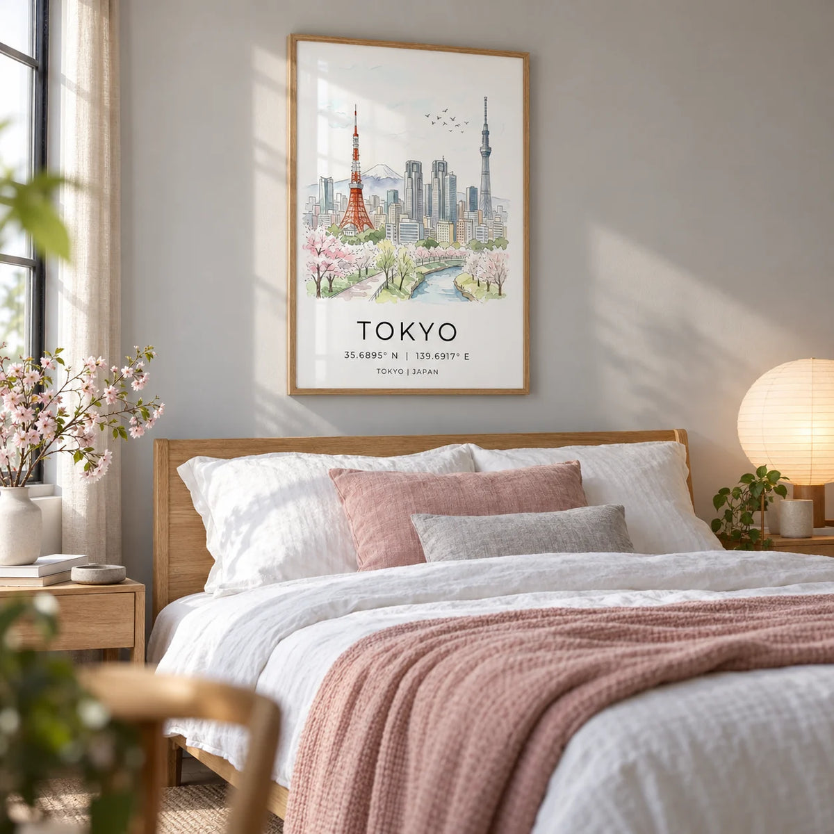 Tokyo Skyline Art Print, framed on the wall of a calm bedroom with a pale grey wall