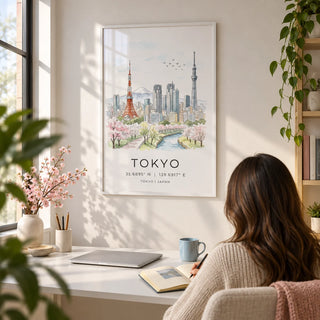 Tokyo Skyline Art Print, framed on the wall of a calm home office