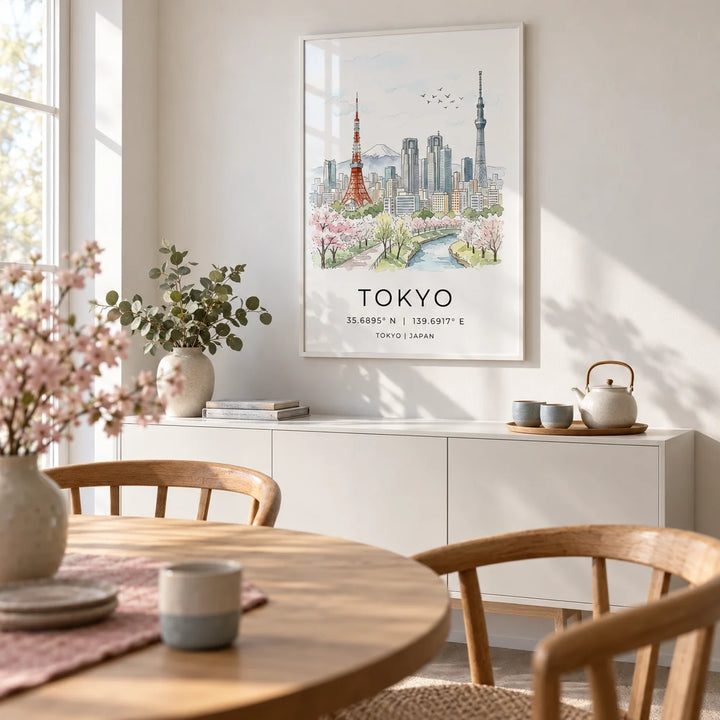 Tokyo Skyline Art Print, framed on the wall of a light dining room
