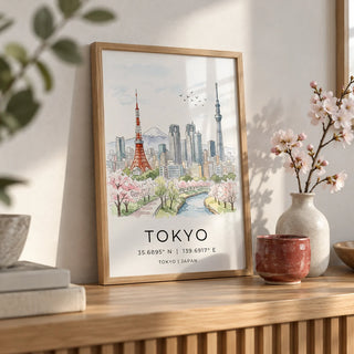 Tokyo Skyline Art Print, a small A4 framed print leaning on an oak shelf in a living room