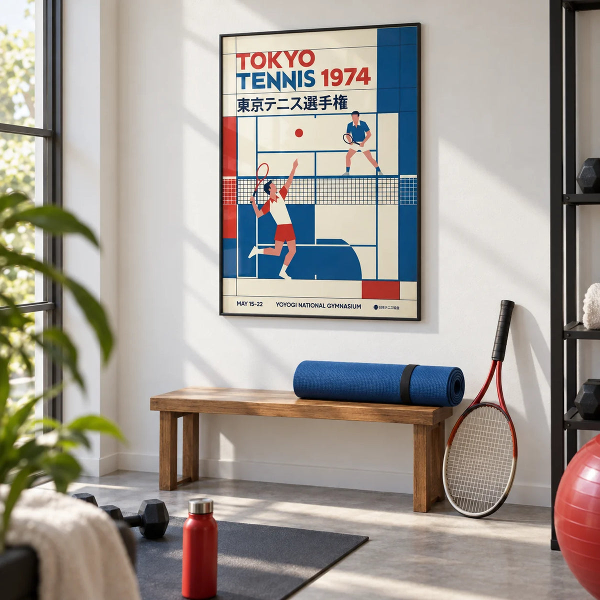 Tokyo Tennis Poster, framed on the wall of a bright home gym with a white wall and a pale grey floor