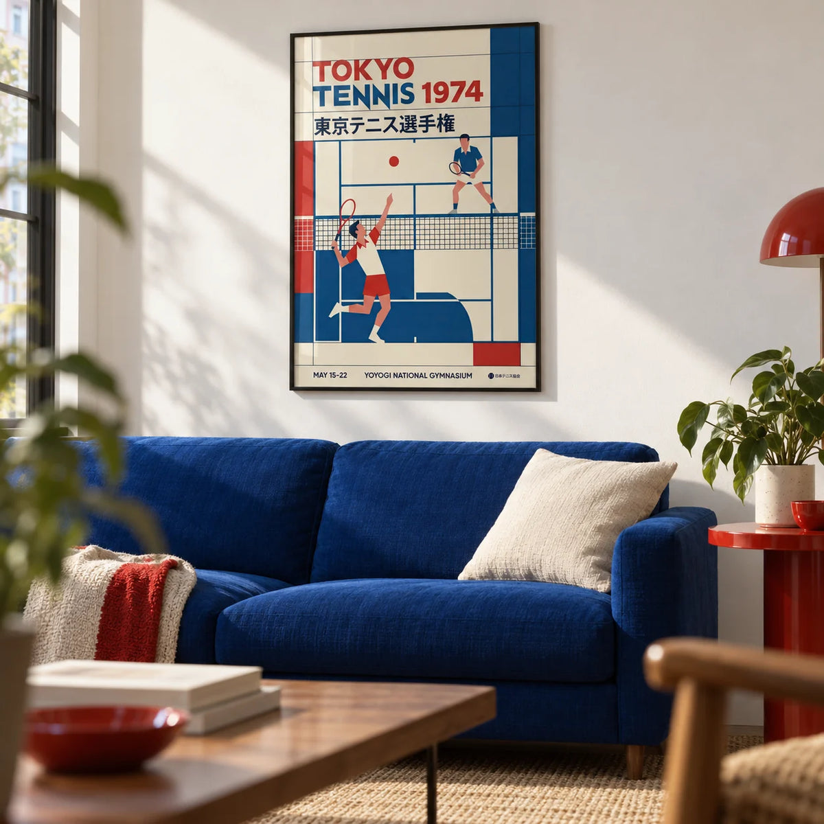 Tokyo Tennis Poster, framed on the wall of a design-led city flat living room with a white wall