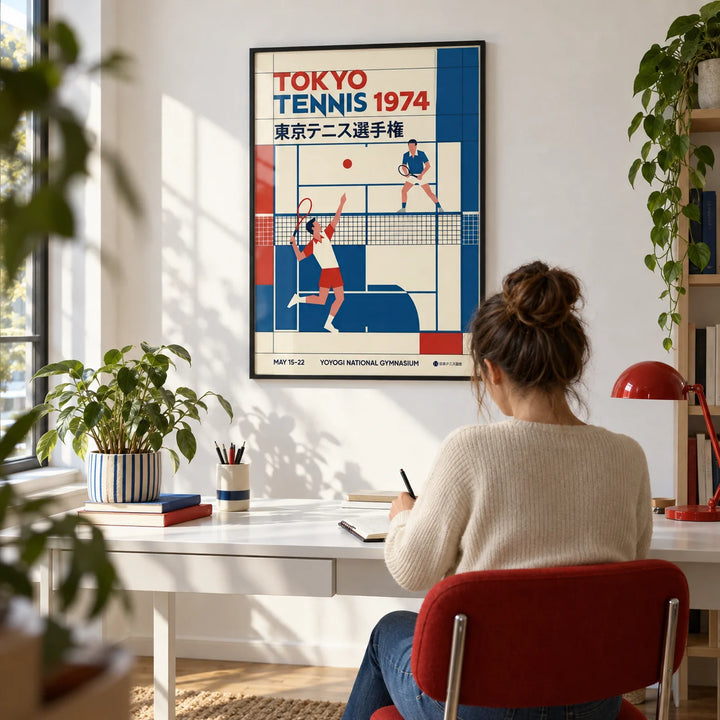 Tokyo Tennis Poster, framed on the wall of a modern home office with a white wall