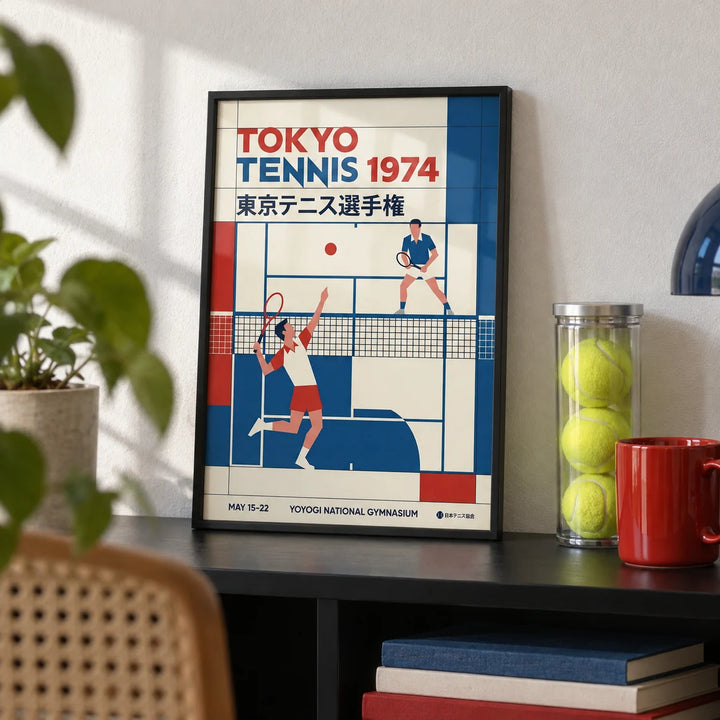 Tokyo Tennis Poster, a small A4 framed print leaning on a black shelf in a living room