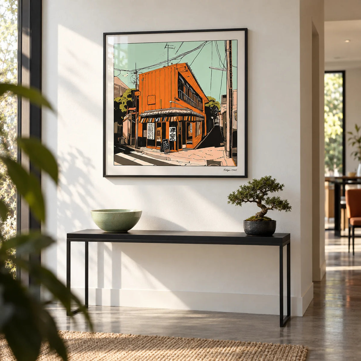 Tokyo Wall Art, framed on the wall of a crisp modern hallway with a polished concrete floor and white walls