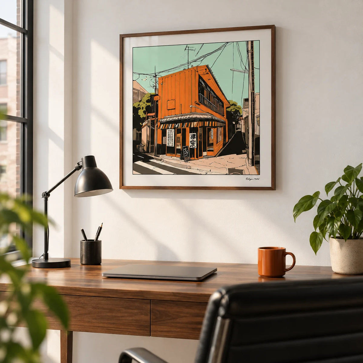 Tokyo Wall Art, framed on the wall of a design-led home office in a city flat with plain white walls