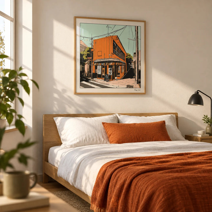 Tokyo Wall Art, framed on the wall of a first-flat bedroom for a 25 year old with a warm white wall