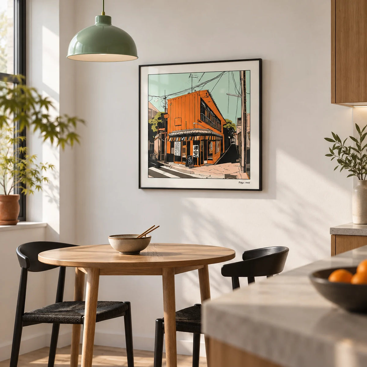 Tokyo Wall Art, framed on the wall of a modern Japanese-inspired kitchen-diner with plain white walls