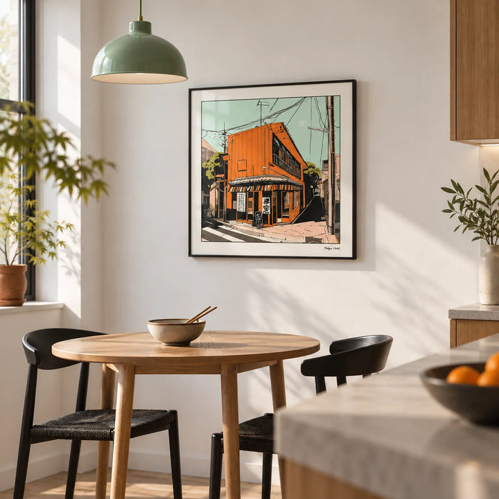 Tokyo Wall Art, framed on the wall of a modern Japanese-inspired kitchen-diner with plain white walls