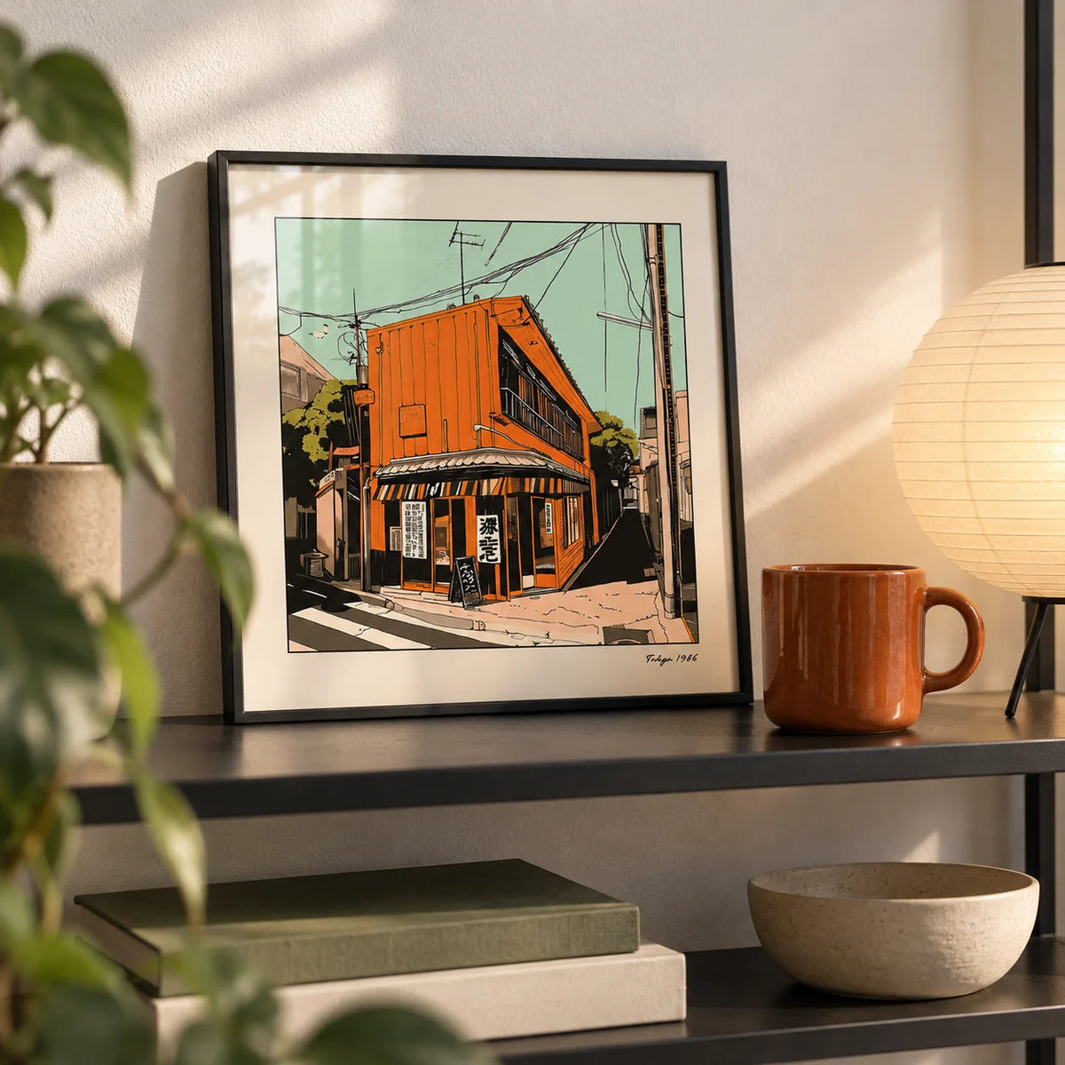 Tokyo Wall Art, a small A4 framed print leaning on a black metal shelf in a living room