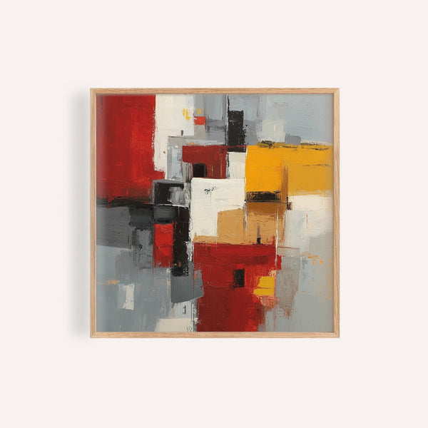 Colorful Abstract Poster Art in red, yellow, and gray for living room wall art
