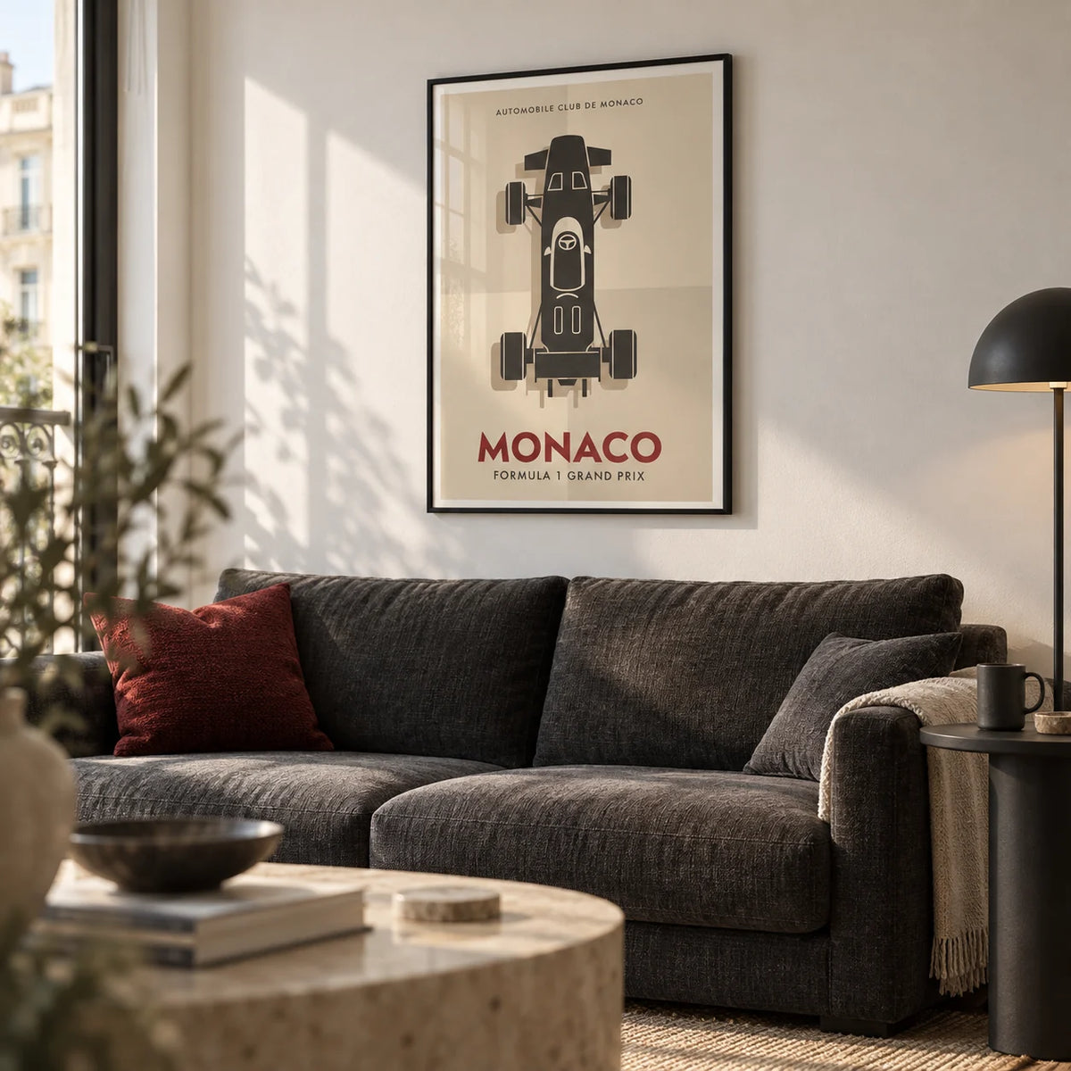 Top-Down Racing Car Poster, framed on the wall of a design-led city flat living room with a white wall
