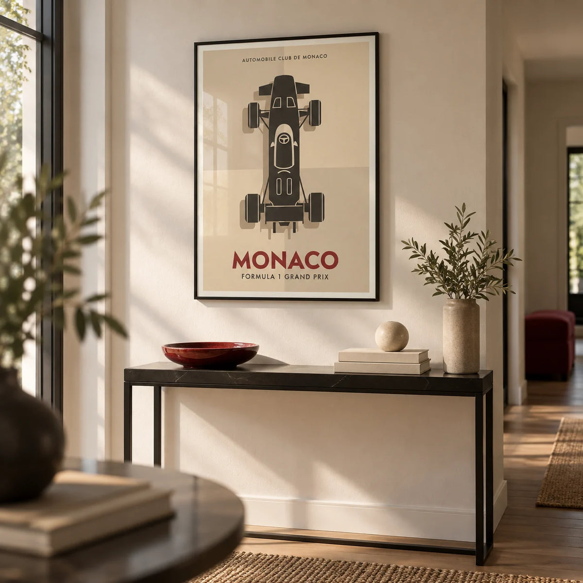 Top-Down Racing Car Poster, framed on the wall of a modern hallway with a warm white wall