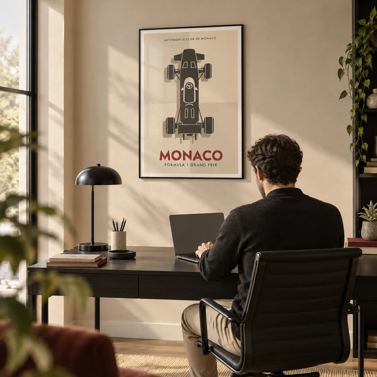 Top-Down Racing Car Poster, framed on the wall of a modern home office with a sand beige wall