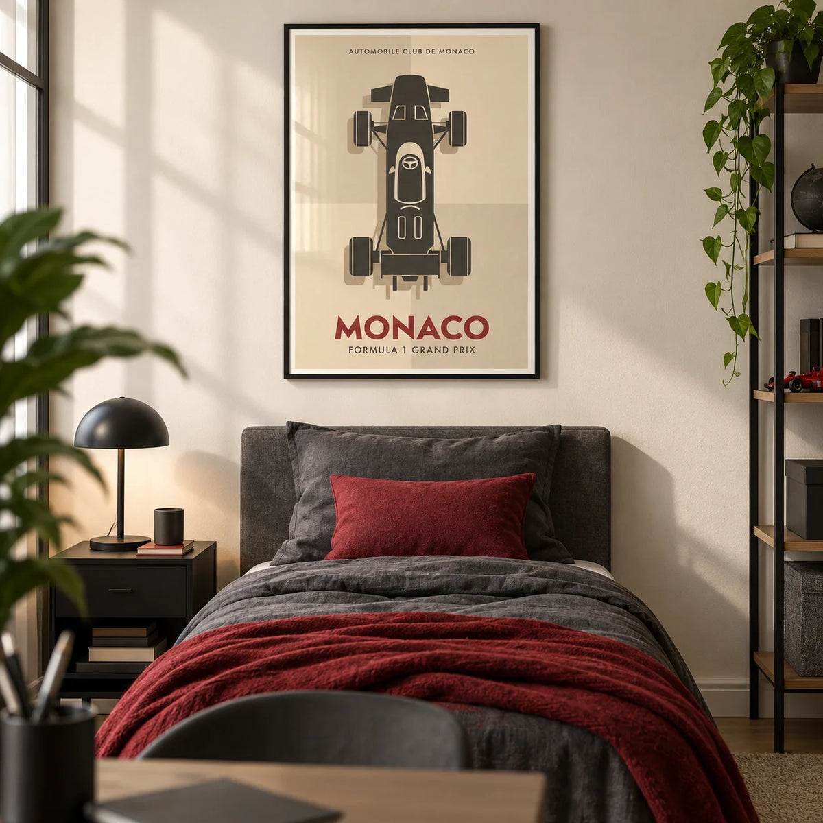 Top-Down Racing Car Poster, framed on the wall of a modern single bedroom for a teen boy (13-17) with a warm white wall
