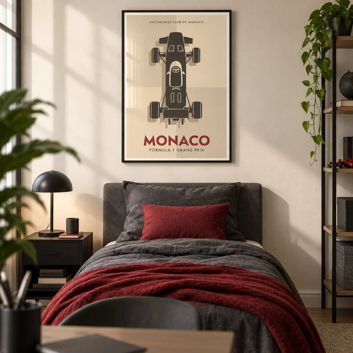 Top-Down Racing Car Poster, framed on the wall of a modern single bedroom for a teen boy (13-17) with a warm white wall