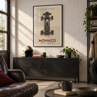 Top-Down Racing Car Poster, framed on the wall of a smart converted garage den with a white painted brick wall and a polished concrete floor in a living room
