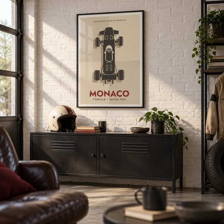 Top-Down Racing Car Poster, framed on the wall of a smart converted garage den with a white painted brick wall and a polished concrete floor in a living room