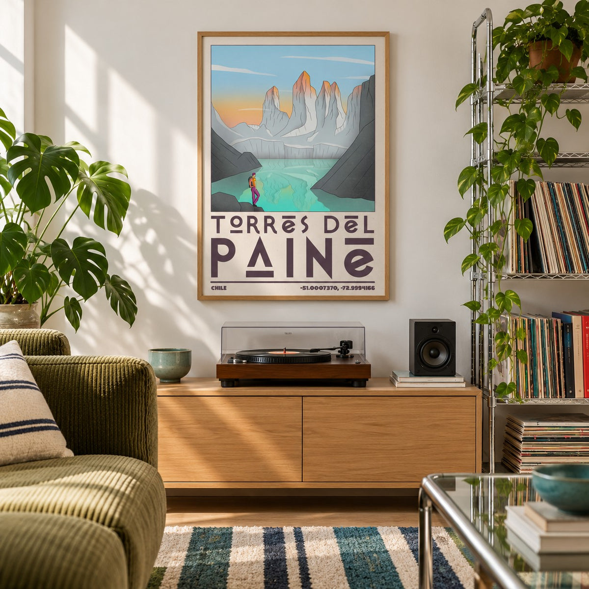 Torres Del Paine Art Print shown in a city apartment record corner (frame not included)