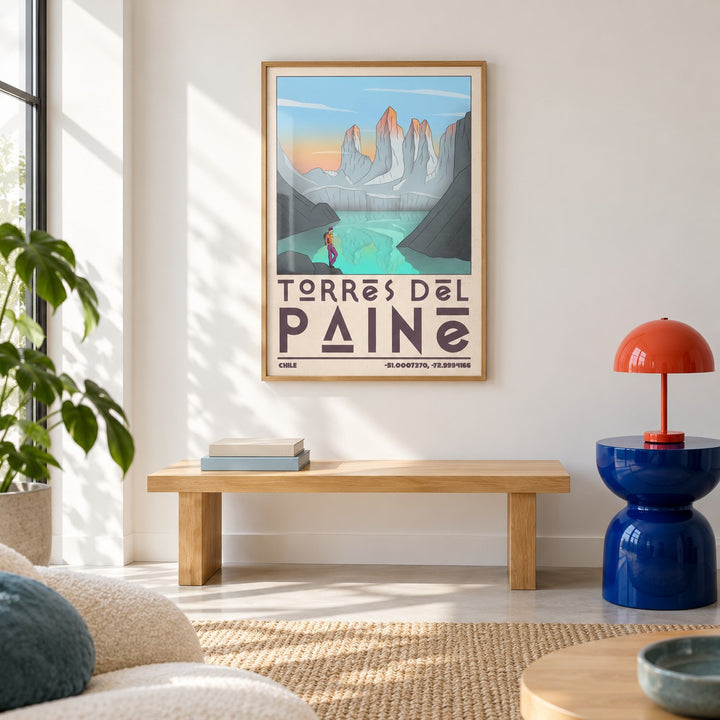Torres Del Paine Art Print shown in a colourful minimalist living room with a bench (frame not included)
