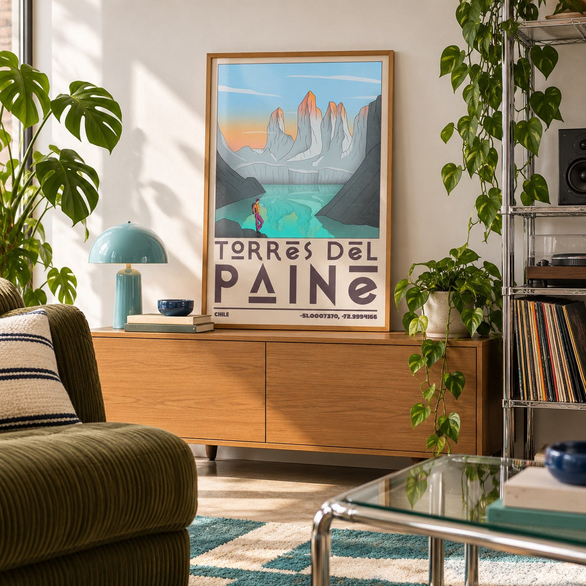 Torres Del Paine Art Print shown in a creative reading corner (frame not included)
