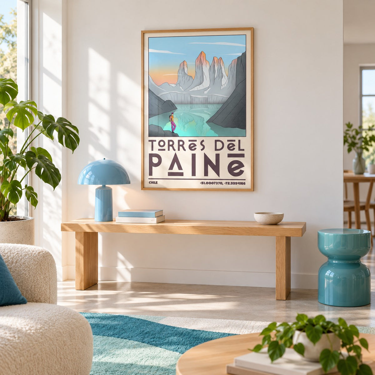 Torres Del Paine Art Print shown in a minimalist living room with an oak console (frame not included)