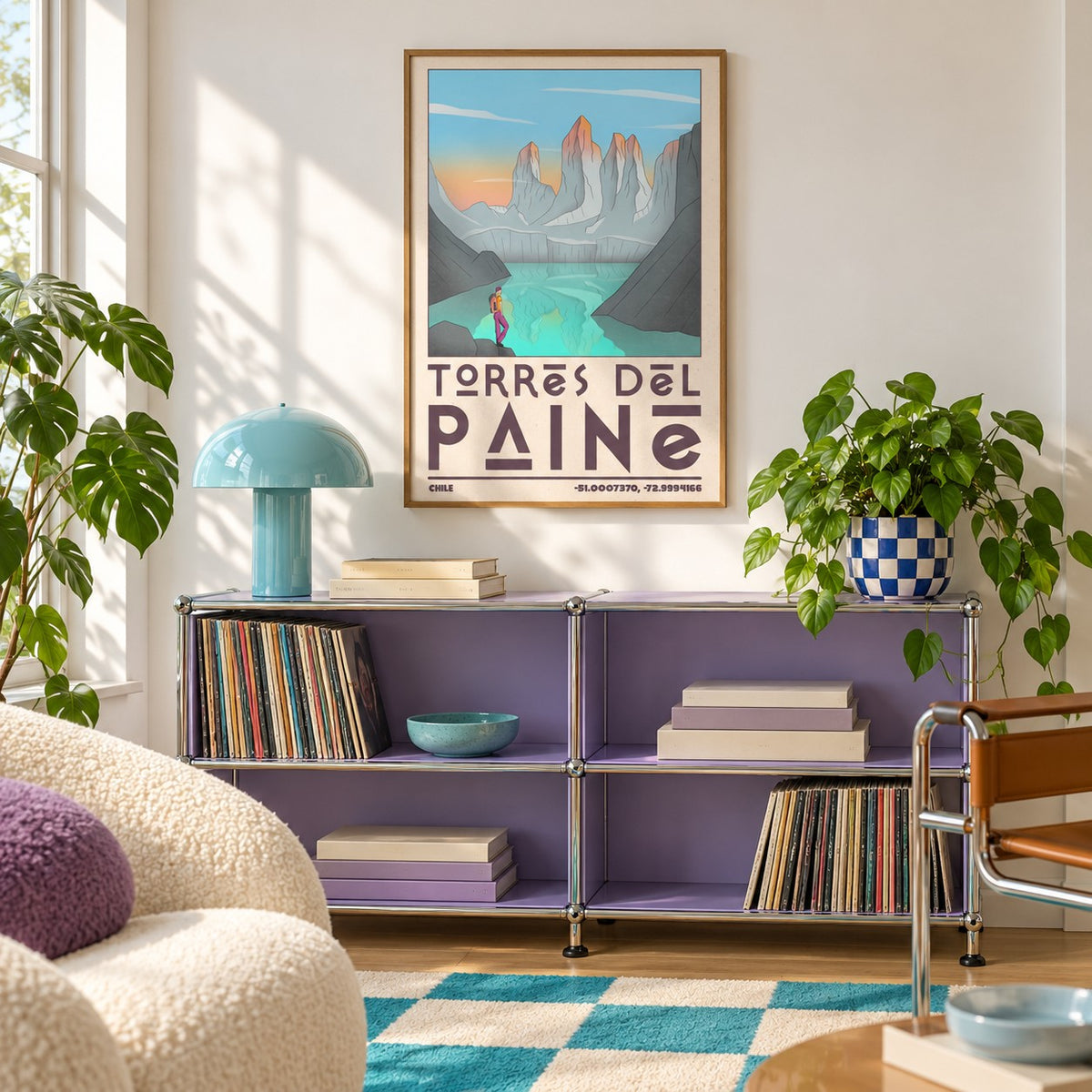 Torres Del Paine Art Print shown in a playful living room with a modular console (frame not included)