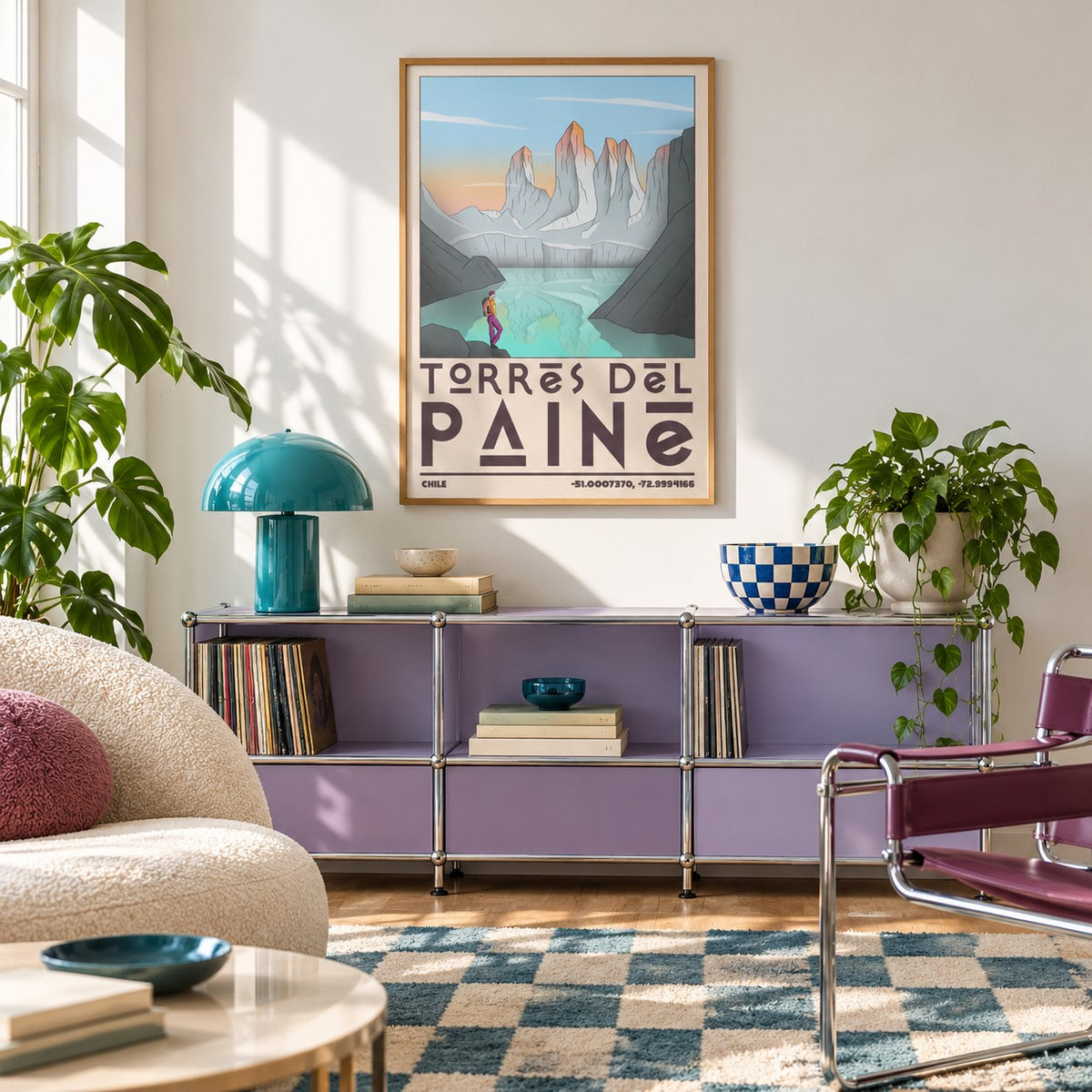 Torres Del Paine Art Print shown in a retro lounge corner (frame not included)