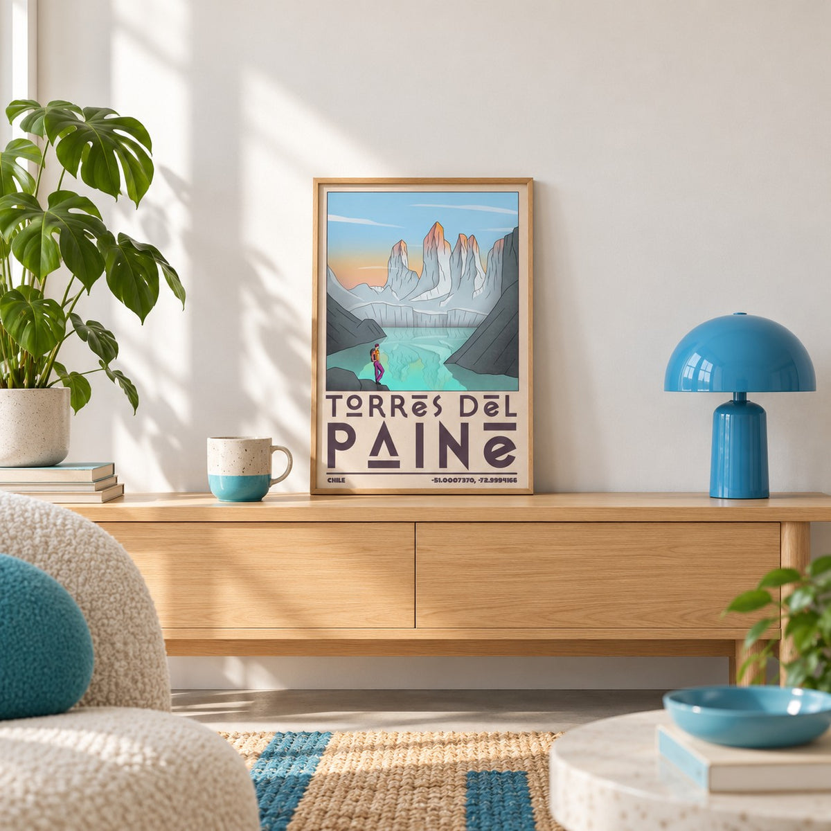Torres Del Paine Art Print shown in the small A4 size on a styled console (frame not included)