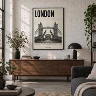 Tower Bridge Art Print, framed on the wall of a London city-flat living room with an exposed brick wall painted white and a concrete floor