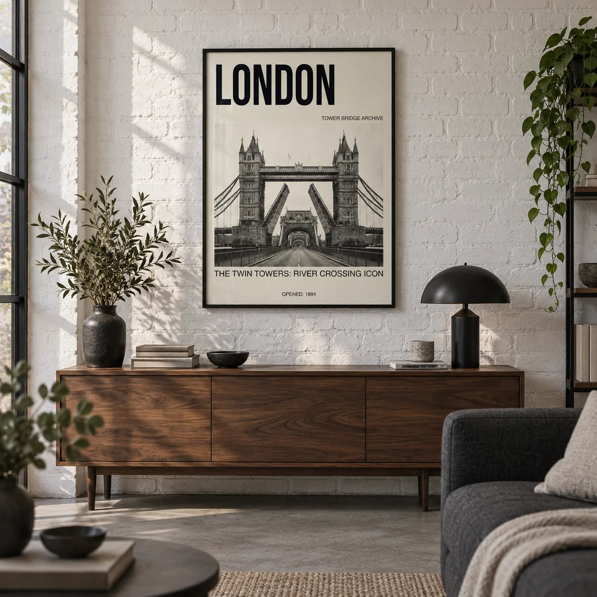 Tower Bridge Art Print, framed on the wall of a London city-flat living room with an exposed brick wall painted white and a concrete floor