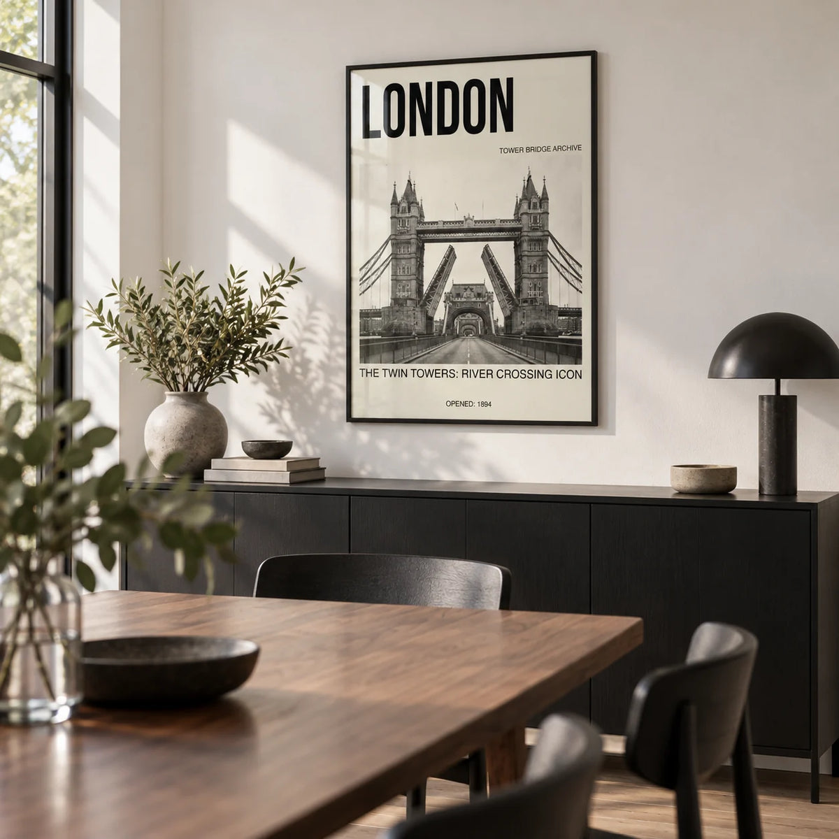 Tower Bridge Art Print, framed on the wall of a modern dining room with a white wall