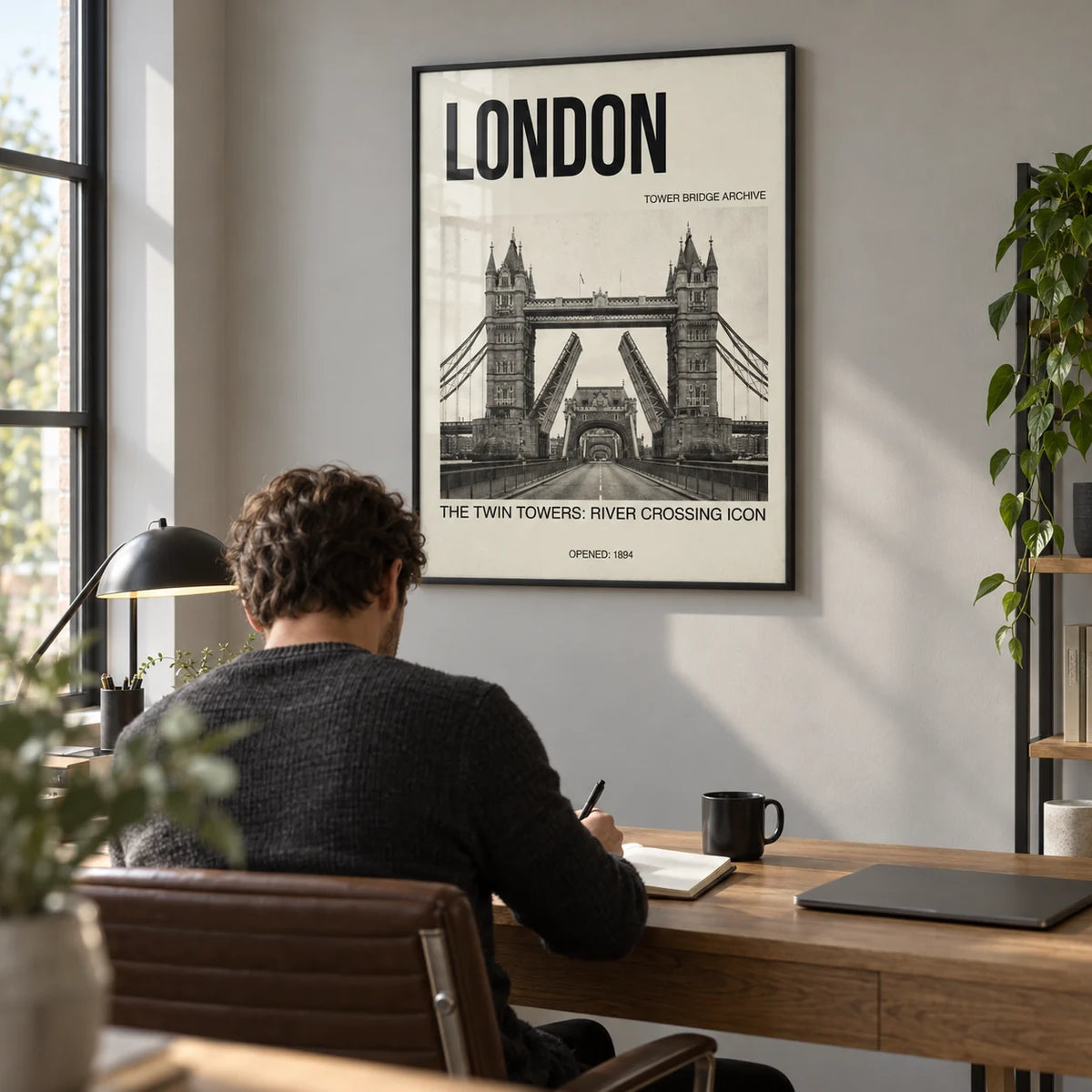 Tower Bridge Art Print, framed on the wall of a modern home office with a soft grey wall