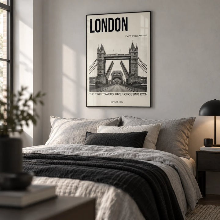 Tower Bridge Art Print, framed on the wall of a monochrome bedroom with a light grey wall