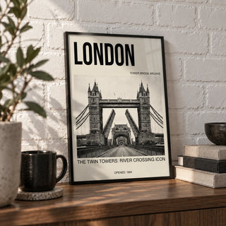 Tower Bridge Art Print, a small A4 framed print leaning on a walnut shelf in a living room