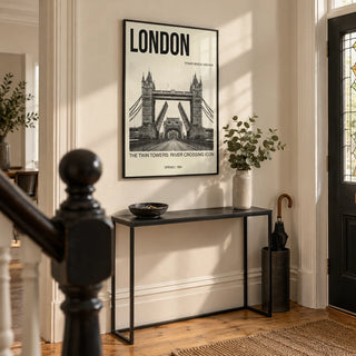 Tower Bridge Art Print, framed on the wall of a Victorian terrace hallway with a warm white wall and a stripped oak floor