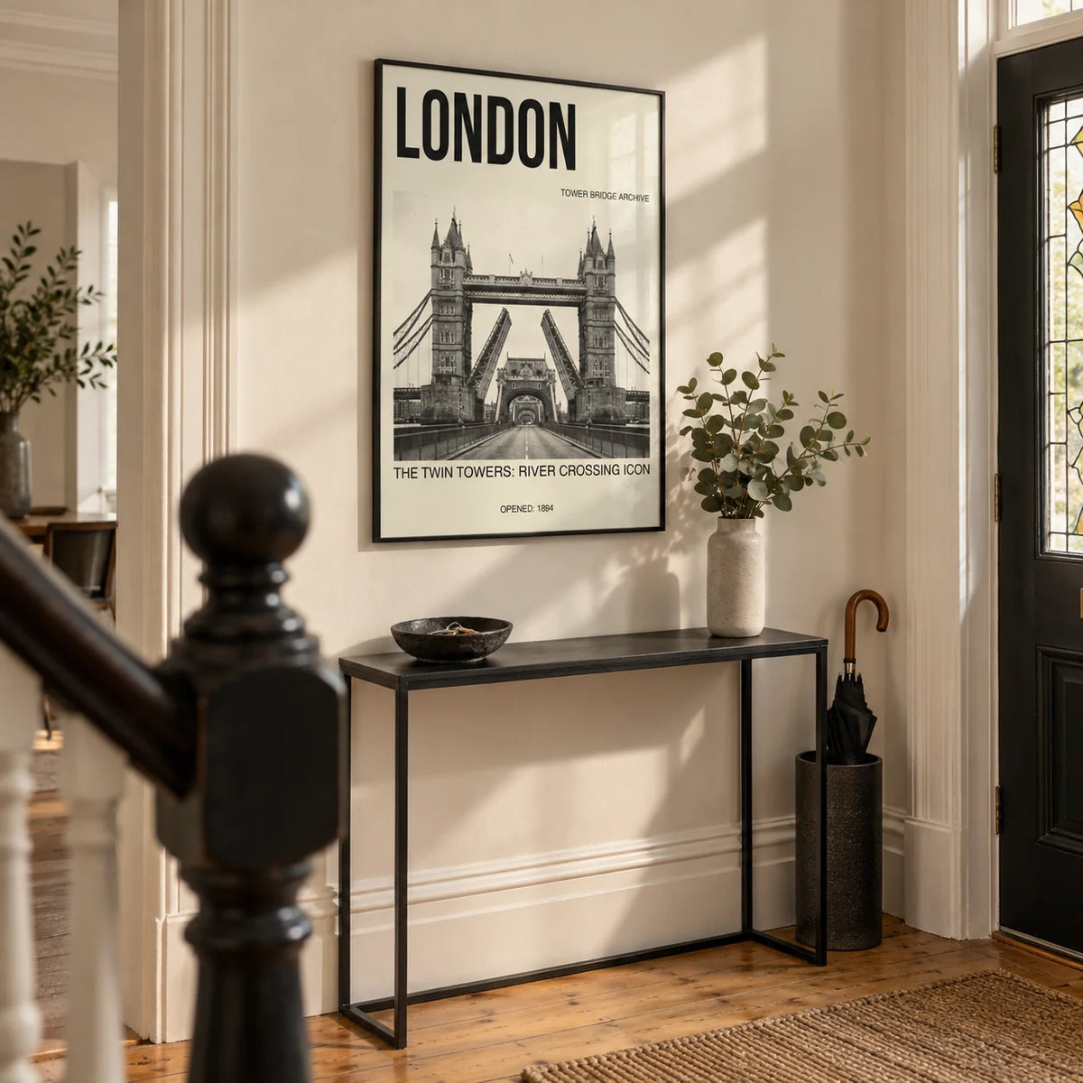 Tower Bridge Art Print, framed on the wall of a Victorian terrace hallway with a warm white wall and a stripped oak floor