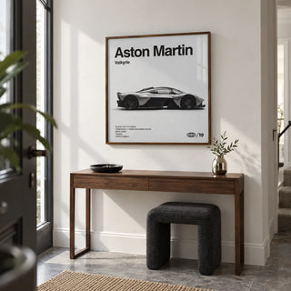 Track Hypercar Poster, framed on the wall of a crisp modern entrance hallway in a UK maisonette with an off-white wall and grey stone floor